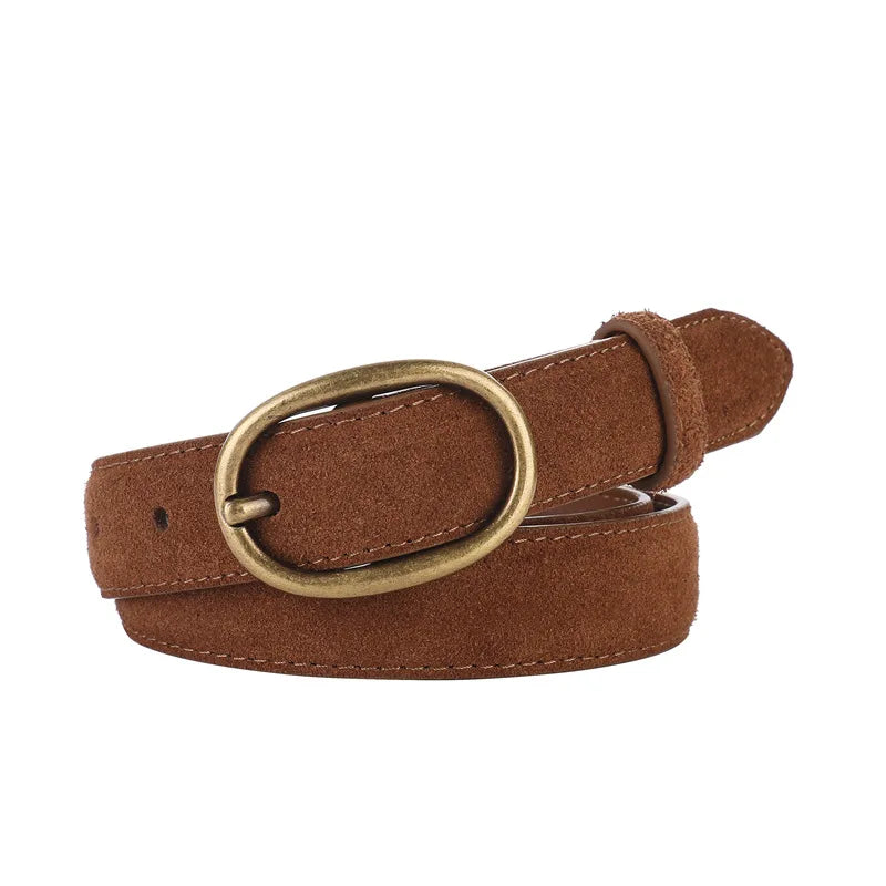 Cinto Feminino Vintage em Couro Legítimo Camurça com Fivela Dourada